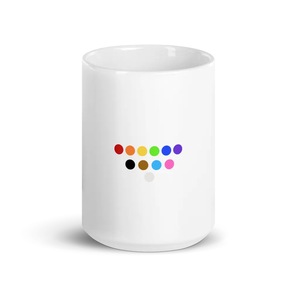 White glossy mug with our Redesigned Pride Symbol Coffee Mug, A MILLS DESIGN