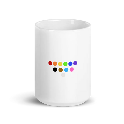 White glossy mug with our Redesigned Pride Symbol Coffee Mug, A MILLS DESIGN