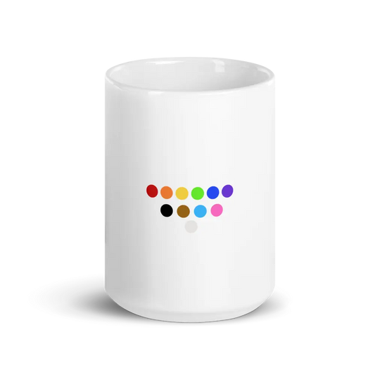 White glossy mug with our Redesigned Pride Symbol Coffee Mug, A MILLS DESIGN