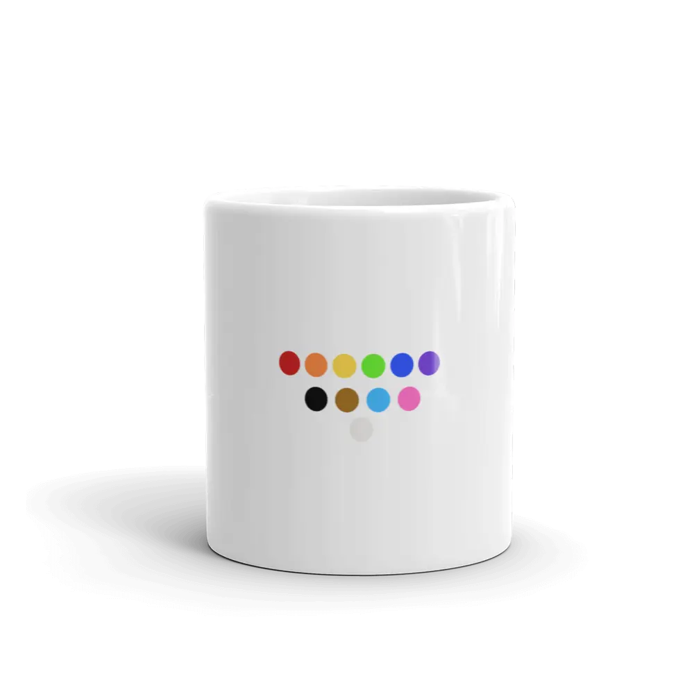 White glossy mug with our Redesigned Pride Symbol Coffee Mug, A MILLS DESIGN